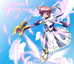  arm_guards armor armored_dress blue_eyes blush cloud commentary_request cropped_jacket dress female fingerless_gloves foot_wings full_body gloves hair_ribbon holding jacket juliet_sleeves long_skirt long_sleeves lyrical_nanoha magical_girl mahou_shoujo_lyrical_nanoha mahou_shoujo_lyrical_nanoha_the_movie_1st otoo_(izanagi) puffy_sleeves raising_heart raising_heart_(device_mode)_(1st) red_hair ribbon sailor_collar shoes short_hair skirt sky smile solo staff takamachi_nanoha takamachi_nanoha_(movie_1st_mode) twintails weapon white_dress winged_footwear wings 