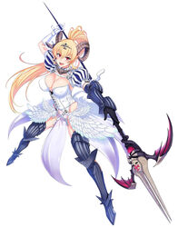  &gt;:d :d angel_wings arm_up armor armored_boots bangs black_gloves blonde_hair boots breasts bustier circlet cleavage demon_horns detached_sleeves dress feathered_wings female full_body gloves greaves high_ponytail holding holding_weapon horns large_breasts legs_apart long_hair looking_at_viewer low_wings lucifer_(the_seven_deadly_sins) mismatched_gloves official_art open_mouth outstretched_arm pelvic_curtain pointy_ears polearm puff_and_slash_sleeves puffy_short_sleeves puffy_sleeves red_eyes sheep_horns short_sleeves simple_background smile solo spear the_seven_deadly_sins thigh_boots thighhighs ulrich_(tagaragakuin) vambraces very_long_hair weapon white_background white_dress white_gloves wings 