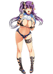  :o bikini_top breasts cleavage demon_girl denim denim_shorts female gradient gradient_background hair_ornament horns index_finger_raised large_breasts leviathan_(the_seven_deadly_sins) long_hair looking_at_viewer navel nishii_(nitroplus) no_legwear open_mouth pigeon-toed pointy_ears purple_hair red_eyes sandals shirt_lift short_shorts shorts side_ponytail simple_background solo teeth the_seven_deadly_sins 