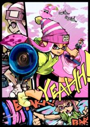  beanie bike_shorts commentary_request disruptor_(splatoon) fangs female hat holding holding_weapon ink_tank_(splatoon) inkling inkling_girl inkling_player_character l-3_nozzlenose_(splatoon) looking_at_viewer mineta_naoki open_mouth paint_splatter pointy_ears shirt shoes single_vertical_stripe smile solo splatoon_(series) splatoon_1 standing t-shirt tentacle_hair weapon 