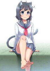  :3 absurdres ahoge arm_support barefoot black_hair blush cat_ears cat_tail feet female looking_at_viewer one_leg_raised serafuku sitting smile soles toes 