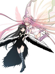  2girls akemi_homura akuma_homura bad_id bad_pixiv_id black_hair black_vs_white boots dress gloves hair_ribbon hairband kaname_madoka kyabechi long_hair mahou_shoujo_madoka_magica mahou_shoujo_madoka_magica:_hangyaku_no_monogatari multiple_girls pink_footwear pink_hair purple_eyes ribbon spoilers thigh_boots thighhighs two_side_up ultimate_madoka white_dress wings yellow_eyes 