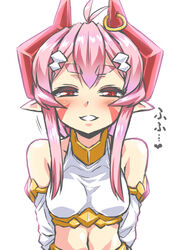  ahoge bare_shoulders blush breasts commentary_request detached_sleeves earrings facial_mark female gem hair_ornament heart horn_ornament horn_piercing horn_ring horns jewelry long_hair looking_at_viewer midriff navel original otoo_(izanagi) photoshop_(medium) pink_hair pointy_ears red_eyes small_breasts smile solo thick_eyebrows upper_body white_background 