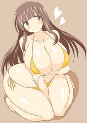  bikini blush breast_hold breasts brown_eyes brown_hair collarbone curvy female female huge_breasts kneeling long_hair original parted_lips plump simple_background solo swimsuit thick_thighs wedge wide_hips yellow_bikini yellow_swimsuit 