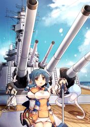  2girls :d absurdres animal_ears atuy battleship bird blue_hair brown_hair chinese_commentary cloud commentary_request day haku_(utawarerumono) highres military military_vehicle mop multiple_girls ocean open_mouth orange_eyes shenbei_xiaoqiu ship ship_deck short_hair sky smile turret uss_missouri_(bb-63) utawarerumono utawarerumono:_itsuwari_no_kamen warship water watercraft 