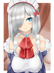  absurdres alternate_costume blue_eyes blush breasts collarbone commentary_request detached_sleeves dress enmaided female frills hair_ornament hair_over_one_eye hamakaze_(kancolle) highres kantai_collection large_breasts looking_at_viewer maid maid_headdress short_hair sin_(kami148) solo 