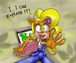  2017 4_fingers ?_face accessory activision anon anthro bandicoot blonde_hair blush blush_lines bodily_fluids breasts caught clothing coco_bandicoot computer crash_(series) digital_media_(artwork) electronics english_text eyebrows eyelashes eyeshadow female fingers flower flower_in_hair green_eyes hair hair_accessory human humor laptop long_hair looking_at_porn looking_at_viewer makeup mammal mario-grant marsupial nervous open_mouth orange_body overalls panicking plant pornography reverse_furry simple_background solo sweat text 