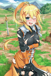  ;d armor black_gloves blonde_hair blue_eyes blue_sky blush bodysuit braid breast_hold breasts cloud commentary_request darkness_(konosuba) day dress female gloves grass hair_ornament highres kono_subarashii_sekai_ni_shukufuku_wo! large_breasts long_hair mountain one_eye_closed open_mouth outdoors photoshop_(medium) planted planted_sword ponytail sky smile solo stock-world sweatdrop sword torn_bodysuit torn_clothes weapon x_hair_ornament 