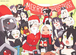  6+girls agent_(girls&#039;_frontline) ahoge alchemist_(girls&#039;_frontline) alcohol animal_costume antlers artist_name beer beer_mug black_hair blush boca cake cerberus_(girls&#039;_frontline) christmas commentary cup destroyer_(girls&#039;_frontline) dinergate_(girls&#039;_frontline) double_bun dreamer_(girls&#039;_frontline) eating elisa_(girls&#039;_frontline) english_text executioner_(girls&#039;_frontline) eyepatch fake_beard fake_facial_hair fake_mustache fingerless_gloves food fork girls&#039;_frontline glasses gloves hair_bun hat horns hunter_(girls&#039;_frontline) intruder_(girls&#039;_frontline) judge_(girls&#039;_frontline) m16a1_(boss)_(girls&#039;_frontline) m16a1_(girls&#039;_frontline) mask merry_christmas mug multiple_girls non-humanoid_robot ouroboros_(girls&#039;_frontline) pale_skin party reindeer_antlers reindeer_costume respirator robot sangvis_ferri santa_costume santa_hat scarecrow_(girls&#039;_frontline) scarf turkey_(food) twintails white_hair 