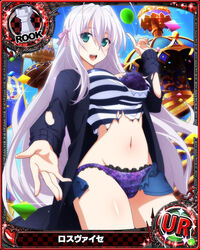  antenna_hair aqua_eyes bra breasts card_(medium) character_name chess_piece female hair_ribbon high_school_dxd high_school_dxd_hero jacket large_breasts lingerie long_hair looking_at_viewer miniskirt navel official_art open_mouth panties purple_bra purple_panties ribbon rook_(chess) rossweisse shirt skirt smile solo source_request torn_clothes trading_card underwear very_long_hair white_hair 