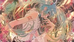  alternate_costume aqua_hair arm_at_side backlighting bare_arms blue_hair blurry blurry_background commentary crop_top depth_of_field ear_piercing expressionless eyelashes female fingernails floating_hair flower from_side gradient_hair hand_up hatsune_miku hmng lace lace_trim leaf light_rays long_hair midriff multicolored_hair navel number_tattoo parted_lips piercing profile purple_flower red_flower red_nails sharp_fingernails shoulder_tattoo sideways_glance solo sunlight tattoo tsurime twintails vocaloid 