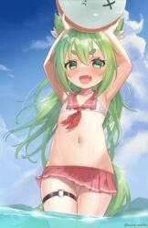  animal_ear_fluff animal_ears armpits arms_up azur_lane ball beachball cloud crop_top fangs female flat_chest fox_ears fox_girl fox_tail green_eyes green_hair highres holding isokaze_(azur_lane) long_hair many_ankles microskirt midriff navel open_mouth outdoors panties panty_peek pantyshot pink_skirt pleated_skirt shirt skirt sky smile solo tail thigh_gap thigh_strap thighs underwear wading water white_panties white_shirt wind wind_lift 