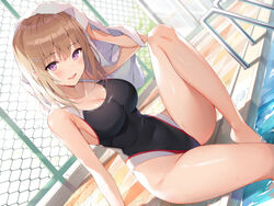  ale_nqki brown_hair pool purple_eyes swimsuit tagme_(character) towel water 