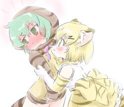  2girls @_@ animal_ears animal_print back_bow bare_shoulders blonde_hair blush bow bowtie cat_ears cat_girl cat_print cat_tail commentary_request elbow_gloves extra_ears full-face_blush gloves gradient_ribbon green_eyes green_hair hair_between_eyes hood hood_up hoodie hug kemono_friends long_sleeves multiple_girls neck_ribbon pink_ribbon print_bow print_bowtie print_gloves print_hoodie print_skirt purple_ribbon ribbon sand_cat_(kemono_friends) shirt short_hair short_sleeves skirt sleeveless snake_print snake_tail t-shirt tail tsuchinoko_(kemono_friends) two-tone_bowtie uho_(uhoyoshi-o) white_bow white_bowtie white_shirt yellow_bow yellow_bowtie 