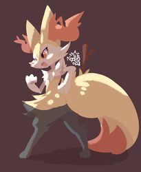  animal_ear_fluff animal_ears blush braixen brown_background commentary dated fox_ears fox_tail from_behind full_body furry furry_female hand_on_own_hip hand_up looking_away nyaswitchnya oerba_yun_fang open_mouth orange_eyes pokemon pokemon_(creature) pokemon_xy profile red_nose signature simple_background skin_fang solo standing stick symbol-only_commentary tail tsurime 