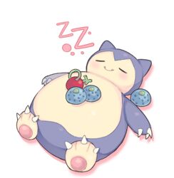  aliceyawnin bad_id bad_tumblr_id berry_(pokemon) blush cheri_berry claws closed_eyes closed_mouth commentary english_commentary fangs food fruit full_body lying no_humans on_back oran_berry pokemon pokemon_(creature) simple_background sleeping smile snorlax solo white_background zzz 