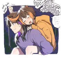  1boy bad_id bad_twitter_id blush bonk brown_hair clenched_hand english_text female highres hood hoodie mei_(adomanju) multicolored_hair nijisanji nijisanji_en orange_hair orange_hoodie petra_gurin purple_hair purple_sweater shu_yamino sleep_talking sleeping smile speech_bubble streaked_hair sweatdrop sweater virtual_youtuber 