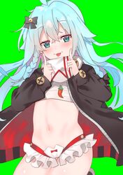  absurdres bell black_bow blue_eyes blue_hair bow closed_mouth commentary_request female green_background hair_bell hair_ornament hairbow highres index_fingers_raised indie_virtual_youtuber kagura_nana long_hair long_sleeves looking_at_viewer navel simple_background solo tonarikeru tongue tongue_out very_long_hair virtual_youtuber 