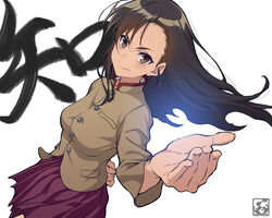  bad_id bad_pixiv_id black_hair brown_eyes brown_jacket chi-hatan_(emblem) chi-hatan_school_uniform commentary_request emblem female girls_und_panzer girls_und_panzer_gekijouban high_collar jacket long_hair long_sleeves looking_at_viewer nishi_kinuyo pairan pleated_skirt pose school_uniform skirt solo white_background 