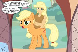  2_heads absurd_res angry annoyed applejack_(mlp) badumsquish blonde_hair clothing covering covering_chest cowboy_hat curse cursed dialogue duo english_text equid equine eyebrows female freckles friendship_is_magic frown fusion green_eyes hair hasbro hat headgear headwear hi_res horse human long_hair looking_at_viewer mammal mid_transformation monster multi_head mutation my_little_pony nuckelavee open_mouth pony raised_eyebrow sarcasm solo_focus speech_bubble square_crossover talking_to_viewer text transformation unimpressed what_has_magic_done window 