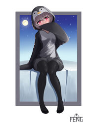  absurdres animal_costume animal_hood artist_name bad_id bad_pixiv_id black_pajamas black_pantyhose choppy_bangs commentary covering_own_mouth female full_body full_moon grey_hair hand_over_own_mouth hand_up highres hood hood_up looking_at_viewer moon night night_sky no_shoes original outside_border pajamas pantyhose peng_kun penguin_costume penguin_hood red_eyes sitting sky solo star_(sky) tareme white_background 