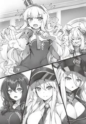  5girls azur_lane bismarck_(azur_lane) blush breasts cleavage closed_eyes closed_mouth collarbone collared_shirt commentary_request enterprise_(azur_lane) facing_another gloves greyscale hat highres large_breasts long_hair looking_at_another medium_hair mikasa_(azur_lane) monochrome multiple_girls necktie novel_illustration oerba_yun_fang official_art open_mouth parted_lips queen_elizabeth_(azur_lane) raiou shirt smile warspite_(azur_lane) 