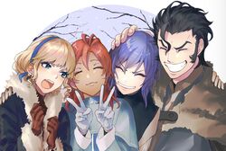  2boys 2girls alternate_costume bad_id bad_twitter_id balthus_von_albrecht black_hair blonde_hair blue_eyes blue_hairband brown_gloves closed_eyes closed_mouth coat commentary_request constance_von_nuvelle dark_skin double_v earrings fire_emblem fire_emblem:_three_houses fur_trim gloves grin hairband hand_on_another&#039;s_head hapi_(fire_emblem) highres hot_dog_fe jewelry long_sleeves multicolored_hair multiple_boys multiple_girls open_mouth purple_hair red_hair short_hair smile upper_body v white_gloves yuri_leclerc 