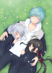  3boys ^_^ ahoge anepote10 aqua_hair artist_name black_hair blurry boy_sandwich closed_eyes commentary_request depth_of_field grass honebami_toushirou hood hoodie ichigo_hitofuri lying male_focus multiple_boys namazuo_toushirou on_back petals ponytail sandwiched sleeping smile touken_ranbu white_hair 