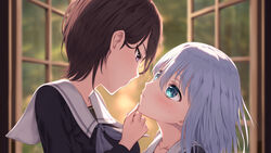  2girls asymmetrical_hair bang_dream! black_hair blue_eyes blue_serafuku blurry blurry_background blush breasts closed_mouth collarbone commentary_request evening eye_contact eyebrows_hidden_by_hair face-to-face grabbing_another&#039;s_chin grey_neckerchief hair_between_eyes hand_on_another&#039;s_chin height_difference highres indoors kurata_mashiro large_breasts long_hair long_sleeves looking_at_another multiple_girls neckerchief nuenue open_window parted_lips pink_eyes sailor_collar school_uniform serafuku short_hair sidelocks single_sidelock sweatdrop tsukinomori_school_uniform upper_body white_hair white_sailor_collar window yashio_rui yuri 