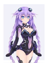  black_legwear blue_eyes bodysuit braid breasts cleavage_cutout clothing_cutout commentary_request covered_navel female hair_ornament highres kazuneko_(wktk1024) long_hair looking_at_viewer navel navel_cutout neptune_(series) purple_eyes purple_hair purple_heart_(neptunia) see-through smile solo symbol-shaped_pupils twin_braids very_long_hair 