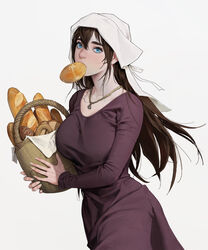  baguette basket blue_eyes bread bread_slice breasts brown_hair collarbone commentary cowboy_shot dongho_kang dress english_commentary female fingernails food food_in_mouth hair_between_eyes highres holding holding_basket jewelry large_breasts long_hair looking_at_viewer mouth_hold necklace original red_dress solo toast toast_in_mouth white_headwear 