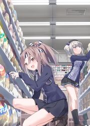  2girls absurdres beret black_headwear black_skirt black_socks blue_eyes blue_shirt bowl brown_eyes brown_hair chips_(food) convenience_store counter employee_uniform food grey_hair hachimaki hat headband high_ponytail highres indoors kantai_collection kashima_(kancolle) kneehighs lawson long_hair looking_at_viewer multiple_girls natsuki_(gedo) pleated_skirt potato_chips shelf shirt shop sidelocks skirt socks squatting standing striped_clothes striped_shirt twintails uniform wavy_hair zuihou_(kancolle) zuihou_(lawson)_(kancolle) 