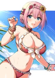  armlet bad_id bad_twitter_id bare_shoulders bikini blue_eyes blue_sky blush bracelet braid breasts cleavage collarbone crown_braid day female flower hair_flower hair_ornament horosuke jewelry large_breasts looking_at_viewer navel open_mouth outdoors pink_hair princess_connect! red_bikini short_hair sky smile solo sunflower sunflower_hair_ornament swimsuit thighs yui_(princess_connect!) yui_(summer)_(princess_connect!) 