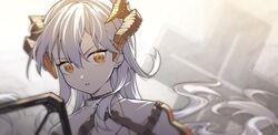  arknights bad_id bad_pixiv_id commentary cross dragon_horns english_commentary expressionless female grey_hair hair_between_eyes highres horns jacket long_hair looking_at_viewer orange_eyes parted_lips saria_(arknights) shao_(shaorouhong) shield simple_background solo turtleneck upper_body white_background white_jacket 