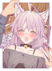  1boy ahoge animal_ears atalanta_(fate) atalanta_alter_(fate) bare_shoulders bell black_shirt blush breasts brown_eyes casual cat_ears collar collarbone fate/grand_order fate_(series) female grey_shirt highres long_hair long_sleeves looking_at_viewer lying mitsurugi_sugar neck_bell off-shoulder_shirt off_shoulder on_back open_mouth pov shirt small_breasts solo_focus thought_bubble translation_request white_hair wooden_floor 