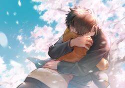  1boy black_hair black_jacket brown_hair cherry_blossoms closed_eyes commentary_request couple female hug jacket kougami_shin&#039;ya lorein outdoors petals psycho-pass straight tsunemori_akane 