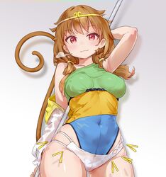  adapted_costume bad_id bad_pixiv_id blue_dress bo_staff brown_hair circlet closed_mouth cowboy_shot dress fairyfloss female green_dress groin long_hair low_twintails monkey_tail multicolored_clothes multicolored_dress multicolored_leotard panties red_eyes ruyi_jingu_bang single-shoulder_dress single_strap sleeveless sleeveless_dress smile smug solo son_biten tail touhou twintails underwear unfinished_dream_of_all_living_ghost white_panties yellow_dress 