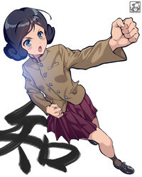  bad_id bad_pixiv_id black_hair black_socks brown_jacket chi-hatan_(emblem) chi-hatan_school_uniform commentary_request emblem female fighting_stance girls_und_panzer girls_und_panzer_gekijouban green_eyes high_collar highres jacket kneehighs long_sleeves pairan pleated_skirt school_uniform short_hair skirt socks teramoto_tomiko 