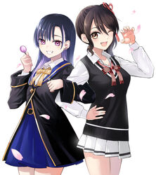  2girls ;d aria_aquarius black_hair black_jacket blue_hair blue_skirt bow bowtie breasts brown_eyes brown_hair candy candy_earrings claw_pose cleavage collared_shirt commentary_request crossover dahlia_academy_boarding_school_uniform dress_shirt food grin highres holding holding_candy holding_food holding_lollipop jacket kishuku_gakkou_no_juliet komai_hasuki kuroneko_to_majo_no_kyoushitsu locked_arms lollipop long_hair long_sleeves multiple_girls natsupa oerba_yun_fang one_eye_closed partial_commentary petals pink_hair pleated_skirt puffy_long_sleeves puffy_sleeves purple_eyes school_uniform shirt side_ponytail simple_background skirt small_breasts smile sweater_vest white_background white_shirt white_skirt 