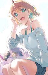  :d amano_pikamee aqua_eyes blue_hair blue_shorts breasts collarbone commentary english_commentary female gyari_(bird) hair_between_eyes hews highres looking_at_viewer medium_breasts open_mouth sharp_teeth shirt short_hair shorts smile solo teeth upper_teeth_only virtual_youtuber voms white_shirt 