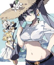  3girls bad_id bad_twitter_id belt bikini black_bikini black_hair blonde_hair breasts collarbone crop_top dress food freenote_mr genshin_impact green_eyes halterneck hand_on_own_hip hand_up hat highres holding long_hair looking_at_viewer lumine_(genshin_impact) medium_breasts midriff mona_(genshin_impact) multiple_girls navel paimon_(genshin_impact) parted_lips popsicle romper see-through shirt short_sleeves side-tie_shirt sidelocks stomach straw_hat swimsuit twintails upper_body very_long_hair white_dress white_hair white_romper white_shirt 