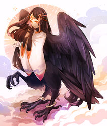  animal_hands anklet bird_legs black_feathers black_hair black_wings cloud commentary_request extra_legs feathered_wings feathers female forehead_tattoo harpy highres hogara jewelry long_hair monster_girl original parted_bangs solo wide_sleeves wings yatagarasu 