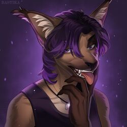  1:1 2022 absurd_res anthro bastika black_nose breasts brown_body brown_fur clothed clothing digital_media_(artwork) felid feline female fur hair hi_res mammal open_mouth purple_eyes purple_hair solo teeth tongue 