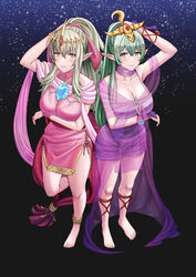  2girls absurdres anklet arm_across_waist barefoot breasts chest_jewel cosplay dark_background dress dual_persona fire_emblem fire_emblem:_mystery_of_the_emblem fire_emblem_awakening fire_emblem_heroes green_hair highres jewelry large_breasts looking_at_viewer multiple_girls official_alternate_costume pink_dress pointy_ears purple_dress saikunartworks see-through shawl standing tiara tiki_(adult)_(fated_divinity)_(fire_emblem) tiki_(adult)_(fire_emblem) tiki_(fire_emblem) tiki_(young)_(fire_emblem) tiki_(young)_(fire_emblem)_(cosplay) tokyo_mirage_sessions_fe 