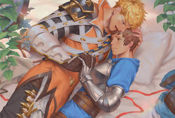  2boys armor bed blonde_hair blue_eyes blush brown_eyes brown_hair couple fighter_(granblue_fantasy) gauntlets gloves gran_(granblue_fantasy) granblue_fantasy hand_grab hand_on_another&#039;s_head headpat holding_hands interlocked_fingers looking_at_another lying male_focus multiple_boys on_bed open_mouth penguin_frontier pillow short_hair shy smile vane_(granblue_fantasy) yaoi 