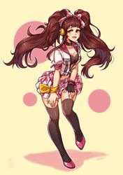  absurdres ayanobro bow breasts brown_hair chains choker cleavage commission female headphones high_heels highres kujikawa_rise long_hair midriff persona persona_4 persona_4:_dancing_all_night persona_dancing skirt thighhighs twintails yellow_eyes zipper 