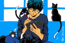  1boy amamiya_ren animal black_hair blue_background blue_hair book casual cat_paw closed_eyes feline glasses male_focus morgana_(persona_5) multiple_cats pencil persona persona_5 saitou_rokuro solo tail tail_wagging wavy_hair writing 