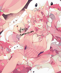  ahoge animal_ears breasts commission eyelashes fangs female fluff fluffy food food-themed_hair_ornament fox_ears fox_girl fruit fuzijo hair_ornament highres indie_virtual_youtuber kireina_(osiimi) large_breasts md5_mismatch no_hands open_mouth pink_eyes pink_hair pink_legwear resolution_mismatch solo source_smaller strawberry strawberry_hair_ornament twintails virtual_youtuber 