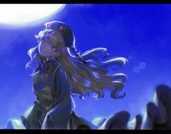  belt black_belt black_border black_dress black_hat blonde_hair border bow bowtie breasts brown_vest chinese_clothes closed_mouth crescent dress female hair_between_eyes hat junko_(touhou) kuzumiya_yuyu letterboxed light long_hair long_sleeves looking_at_viewer medium_breasts moon moonlight night night_sky pom_pom_(clothes) red_eyes shadow sky smile solo tabard teeth touhou vest wide_sleeves yellow_bow yellow_bowtie 