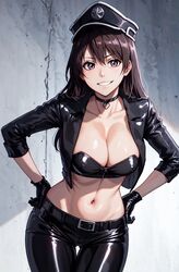  ai-generated bambietta_basterbine bleach bleach:_sennen_kessen-hen breasts crop_top female hat highres jacket looking_at_viewer military military_hat military_jacket military_uniform navel quincy_(bleach) solo sternritter uniform wandenreich 